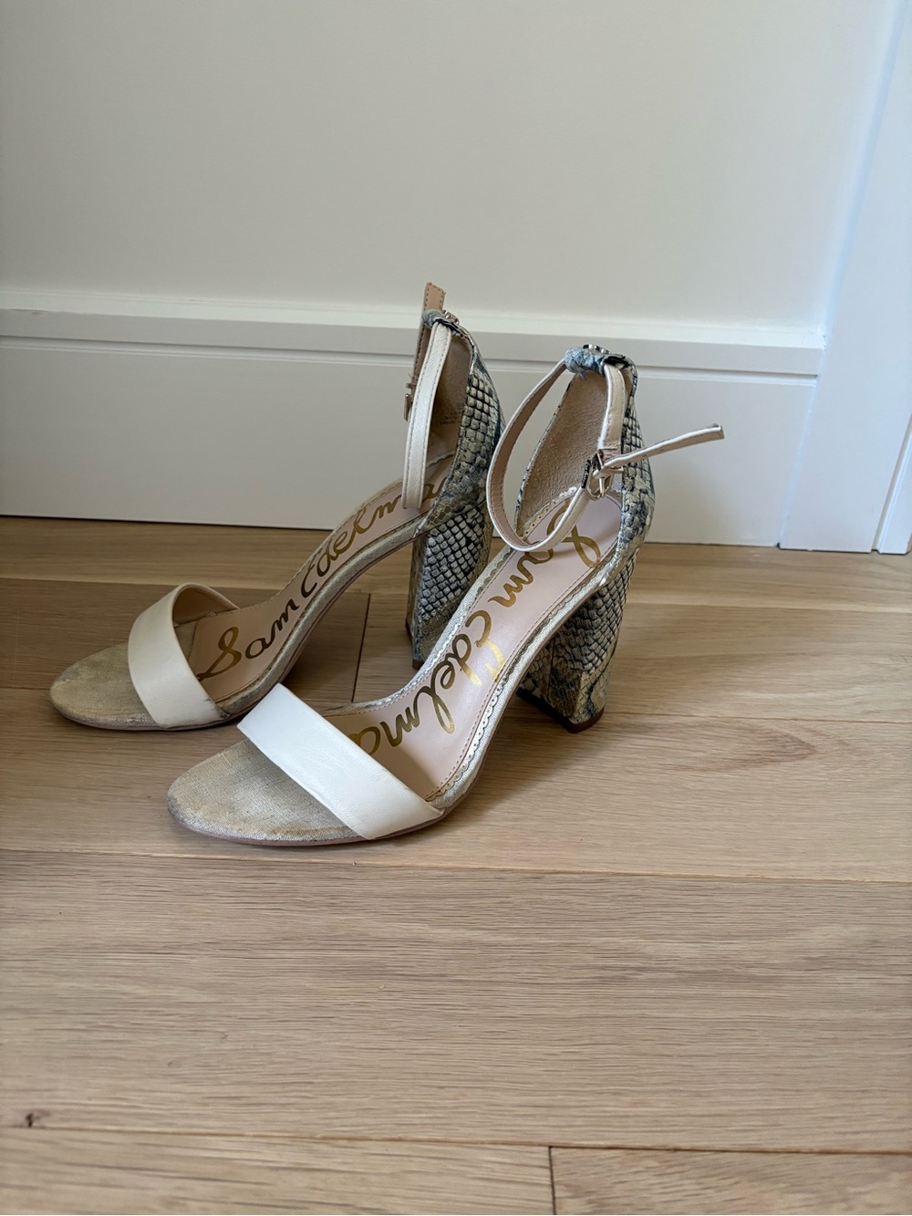 Sam Edelman Front-Strap Block Heel Sandals with Snakeskin Back